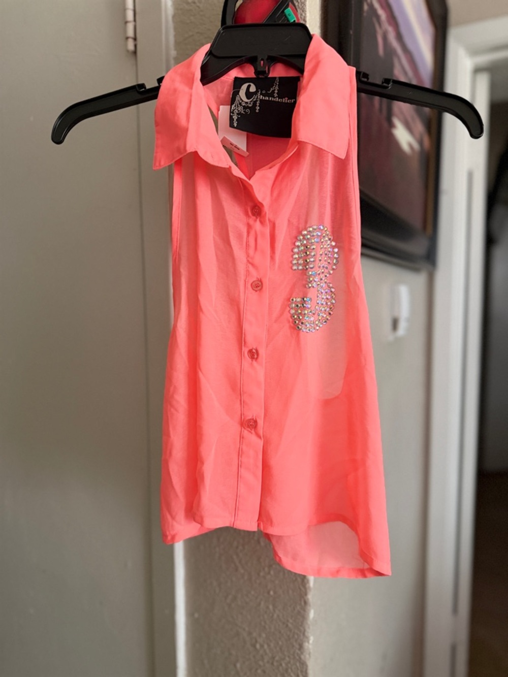 Girls Coral Pink Sleeveless Button-Up Top with Rhinestone '3'